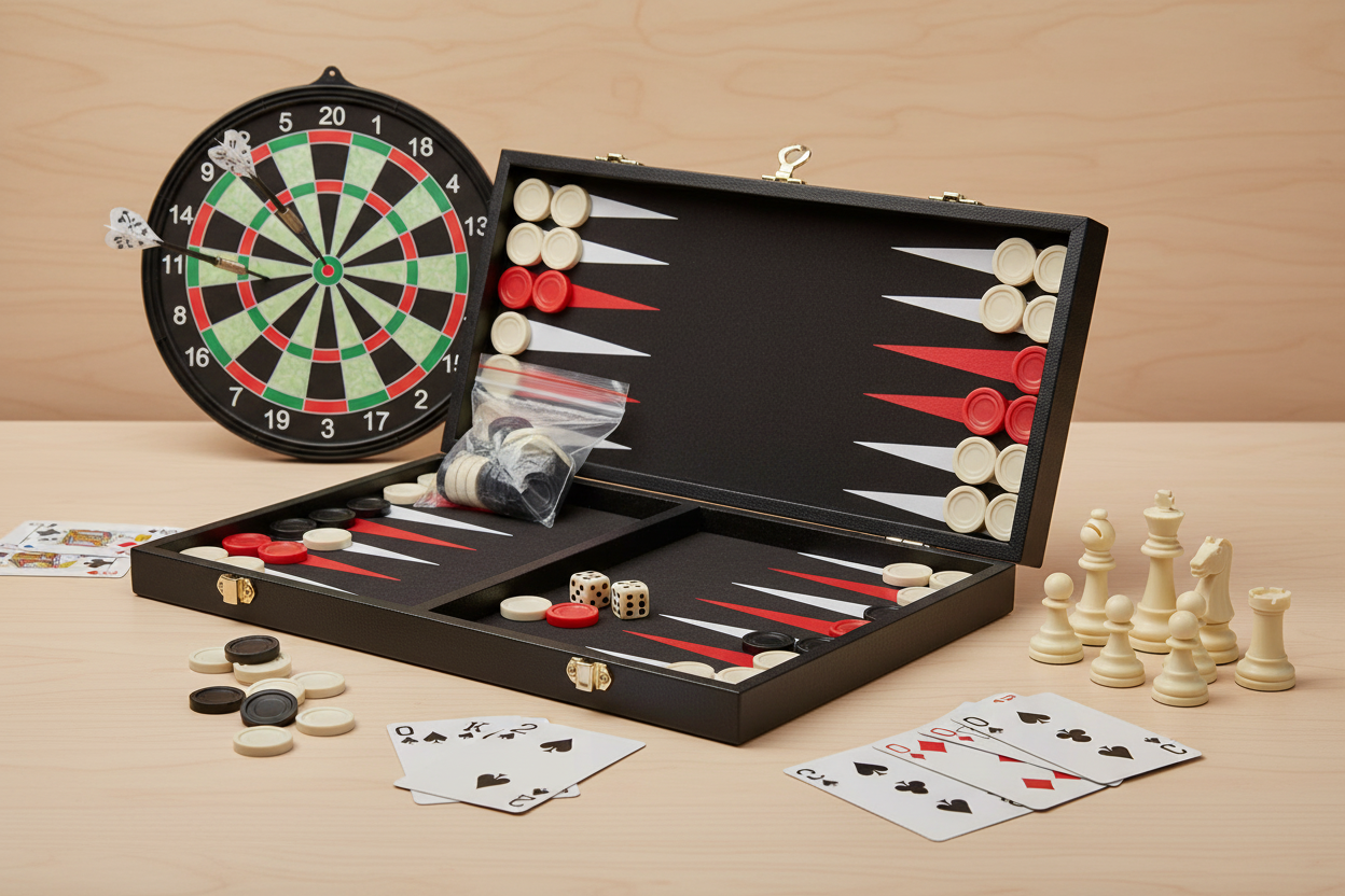 Colecție jocuri de societate - șah magnetic, table din lemn, darts și cărți de joc poker - GRANDEMANIA SHOP