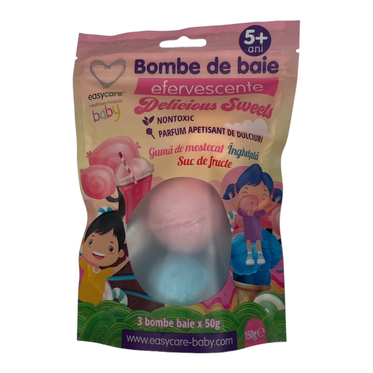 Bombe de baie efervescente Easycare Baby Delicious Sweets, 3x50g, parfum dulciuri