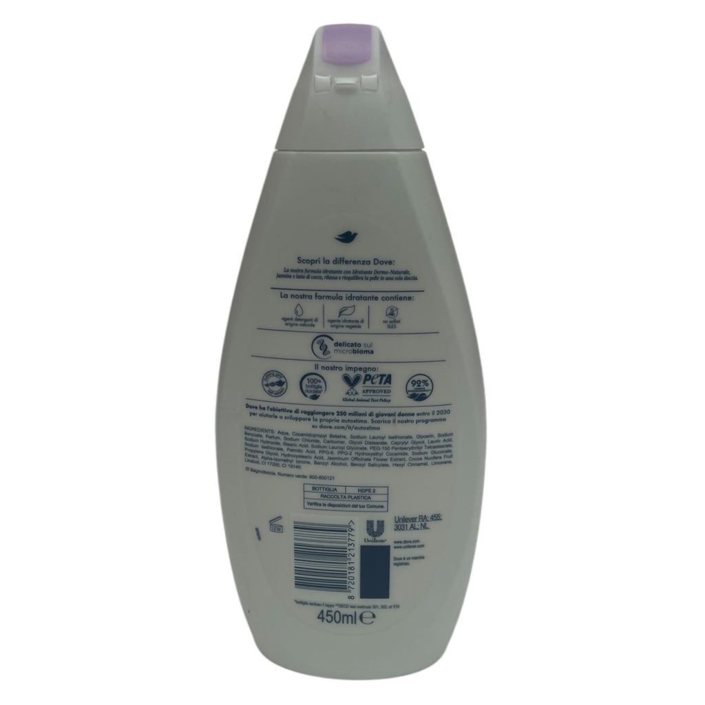 Gel de duș Dove Rilassante cu iasomie și lapte de cocos, hidratant, fără sulfați SLES, 450 ml