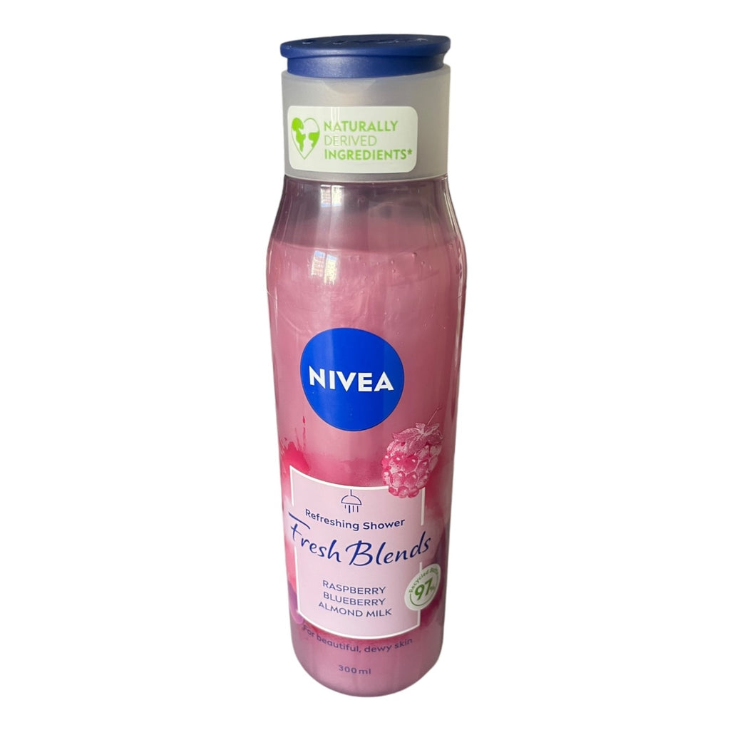 Gel de duș Nivea Fresh Blends, complex cu cu zmeura, afine și lapte de migdale, 300ml