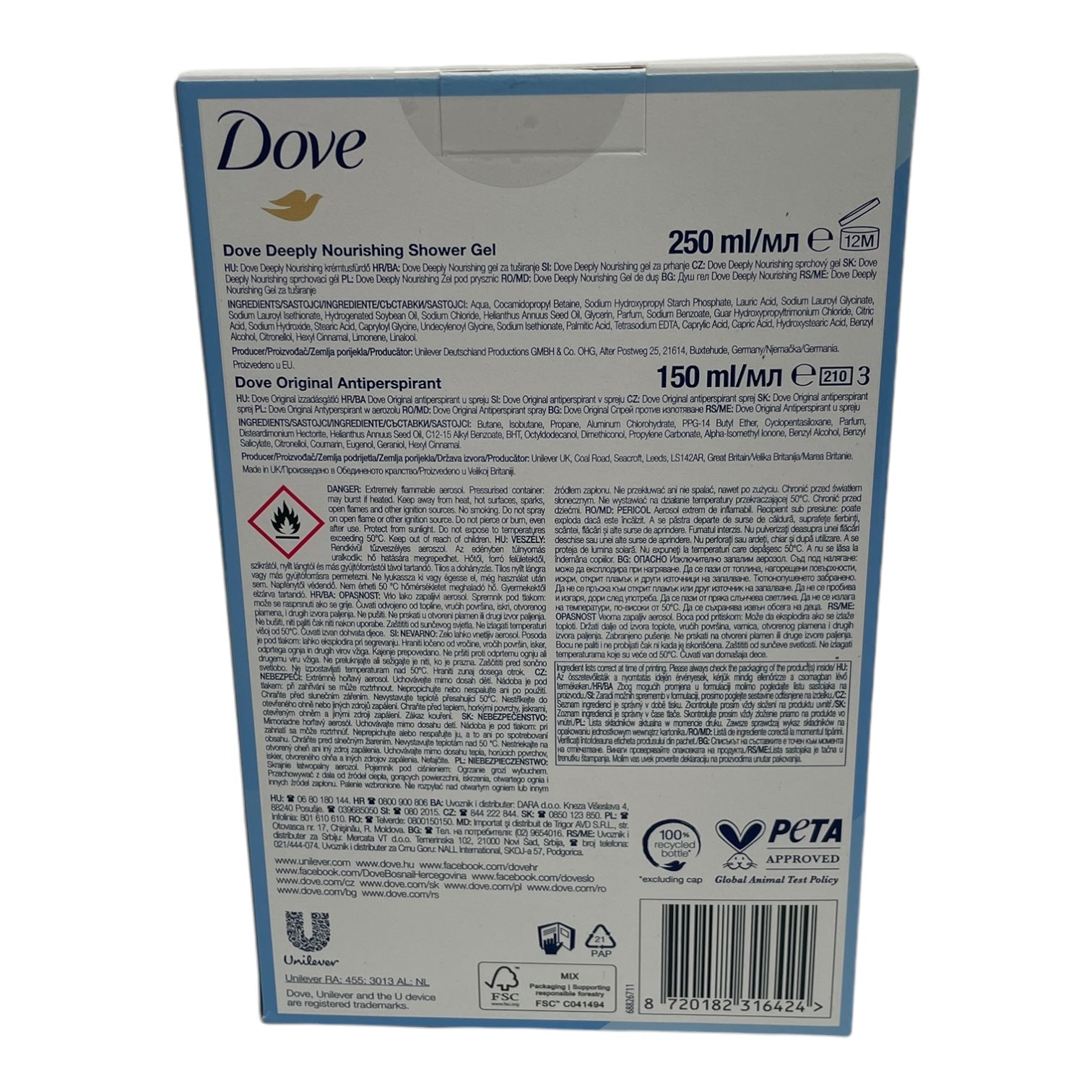 Set cadou Dove Original Care Gift, gel de duș 250ml + deodorant 150ml