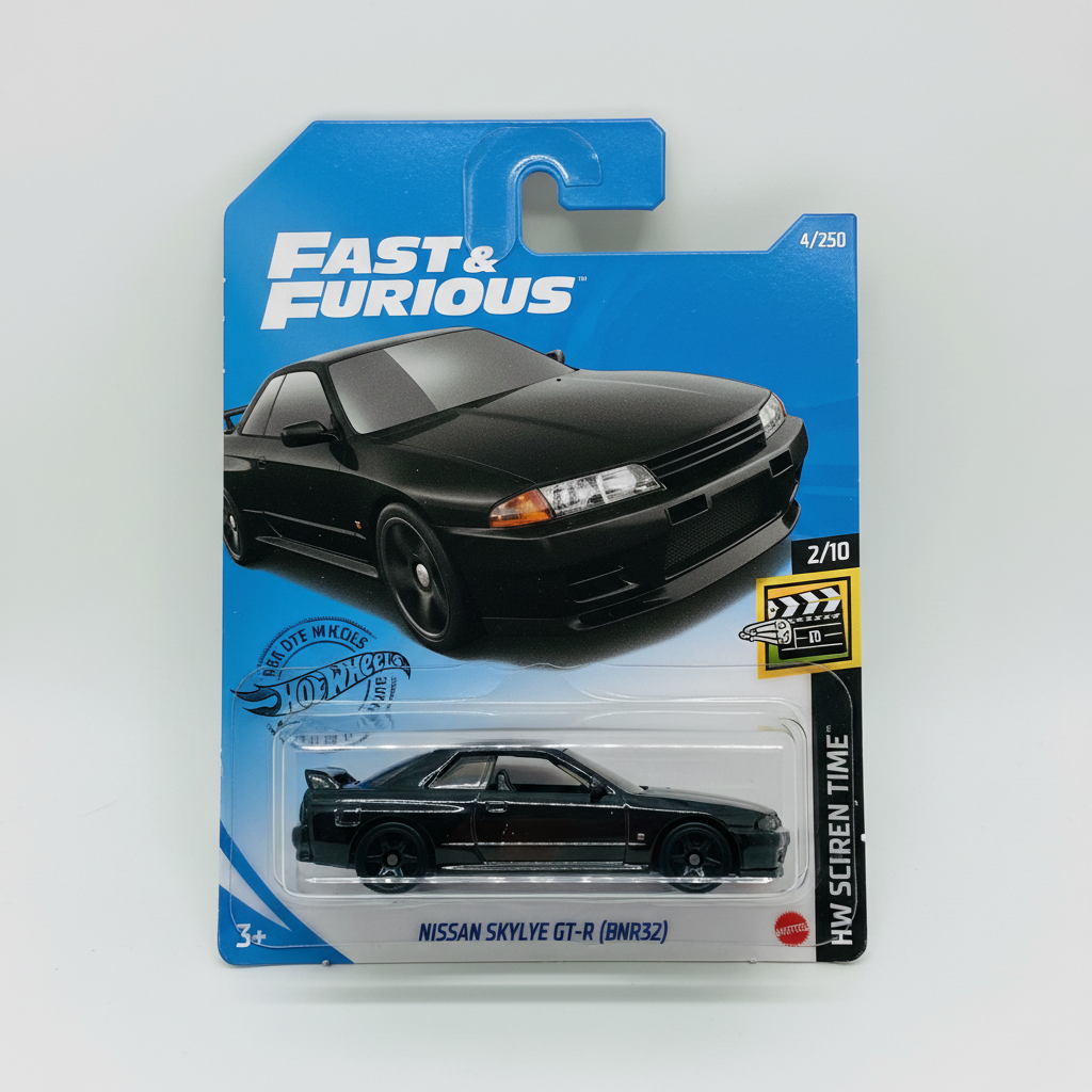 Nissan Skyline GT-R BNR32 neagră în ambalaj - vedere frontală